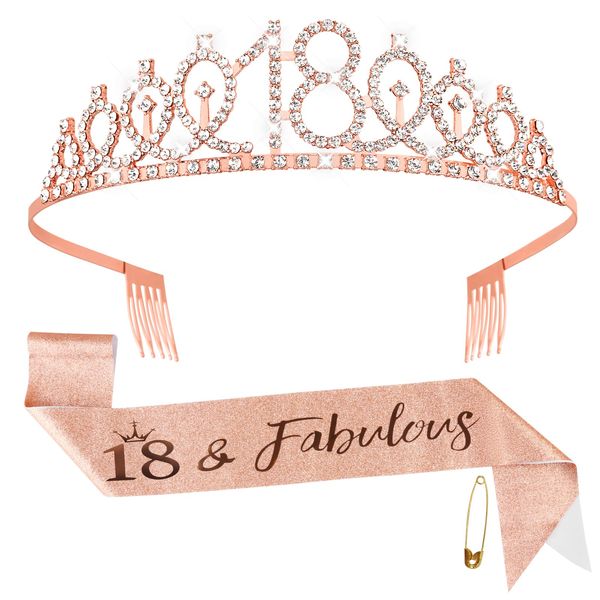 Fowecelt 18th Birthday Sash Tiara - Rose Gold Birthday Queen Tiara and Sash for Women, Rhinestone Crowns Kit for 18th Birthday Gifts, Crystal Tiara Satin Sash for 18th Birthday Party