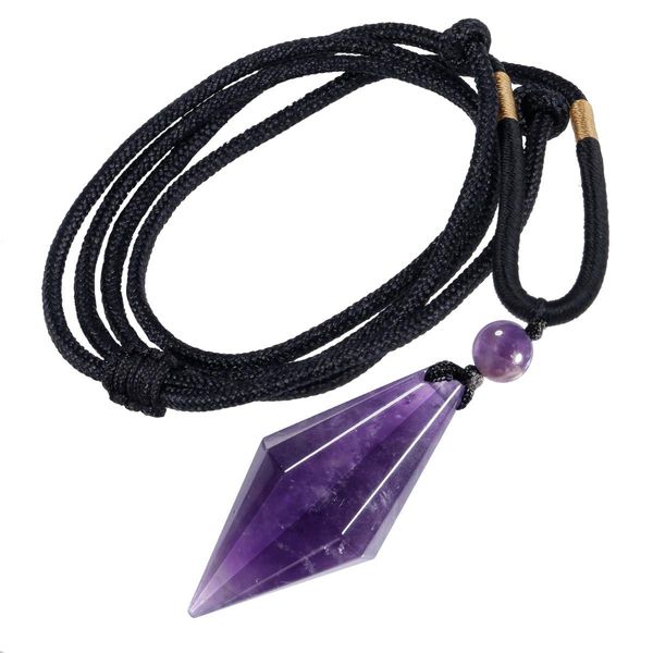 TUMBEELLUWA Adjustable 18”-26” Healing Faceted Crystal Point Pendant Necklace for Men and Women Unisex Reiki Stone Pendulum Necklace for Dowsing Divination, Amethyst