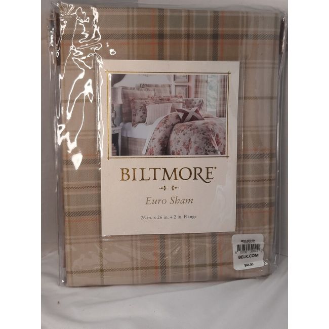 Biltmore Rosalee Euro Sham 26in X 26in + 2in. Flange, Plaid Natural Color, NEW