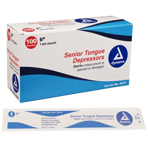 Dynarex Tongue Depressors, Sterile, 6" Senior-Sized Length, Made from Beige Birch Wood, Comes in Peel-Down Patches, 1 Box of 100