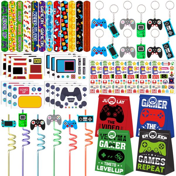 Video Game Party Favors 72 PCS Game Theme Slap Bracelets DIY Sticker Keychains Tattoo Sticker Plastic Straws Gift Bags for Kids Boys Game On Party Level Up Birthday Goodie Bag Fillers Classroom Reward