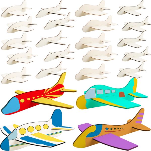 Feradny 24 Pack DIY Model Planes Unfinished Wooden Airplane Model Toys Wood Plane Paint kit Aircraft Plane Model for Kids School Art Activity Birthday Carnival Party, 4 Styles