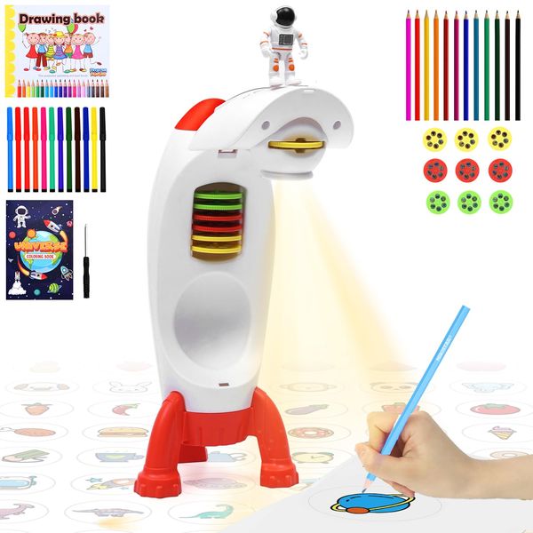 CWYQ Kids Drawing Projector Toys for Boys Girls Ages 3-8 Art Sketch Projector Tracing Drawing Kit with Space Rocket Ship Toys for 3 4 5 6 7 8 Year Old Kids Gifts