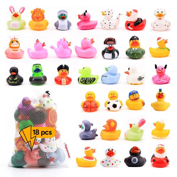 Rubber Duck Toy Assortment - Ducky Playset Bath Toys in Mesh Bag - Jeep Ducks for Ducking - Rubber Duckies for Beach Pool - Goody Bag Stuffers Classroom Prizes 18 Pcs