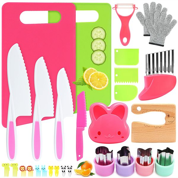 Kids Knife Set for Real Cooking, Montessori Kitchen Tools for Toddlers, 28PCS Toddler Kitchen Knife Set with Gloves Crinkle Cutters, Montessori Toy for 3 4 5 6 7 8 9 10 Year Old Girl Boy Birthday Gift