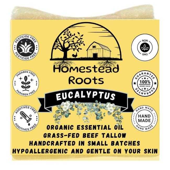 Homestead Roots - Eucalyptus- Handcrafted with Grass-Fed Beef Tallow and Organic Oils - Scented with Organic Essential Oils - Artisanal Bar Soap - 3 Pack - Each Bar Unique