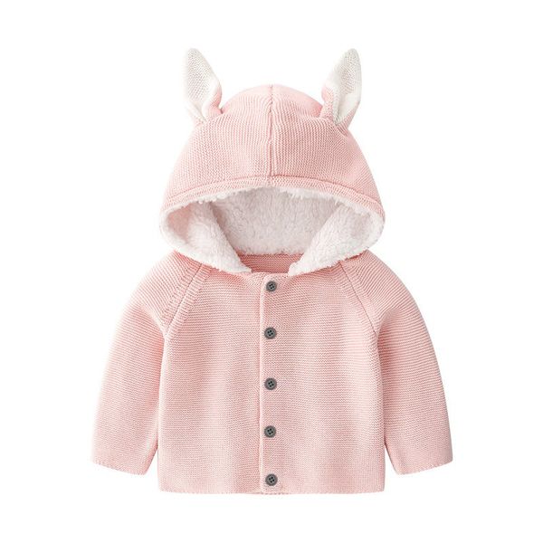 Baby Solid Color Bunny Ear Patched Hat Design Button Front Knitted Sweater Cardigan - 66 (3-6M) / Pink