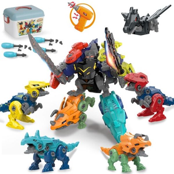 Jecimco Dinosaur Toys for Kids DIY Assembly Dinosaur Play 5 Pieces Combined Set with Electric Drill for Boys Girls Birthday Gift STEM Educational Toy Carpenter Toy