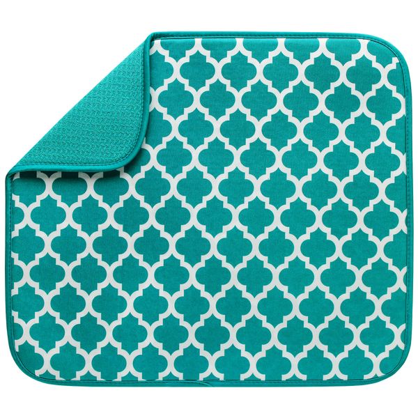 S&T INC. Absorbent, Reversible Microfiber Dish Drying Mat for Kitchen, 16 Inch x 18 Inch, Teal Trellis