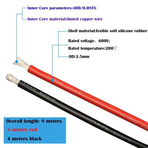 Silicone Wire, CESFONJER 14 AWG Silicone Cable [4M Black and 4M Red], Flexible High Temperature Resistance Tinned Copper Wire Cable for Wiring Electronics, Drones, Aircraft Batteries, etc