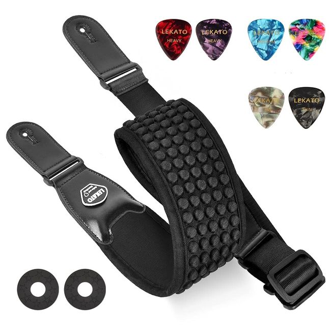 LEKATO Guitar Strap, Strap, Base Strap, Cotton, Air Cushion, 3.7 inches (9.5 cm) Wide, Reduces Strain, Includes 6 Pick and 2 Strap Locks, Black