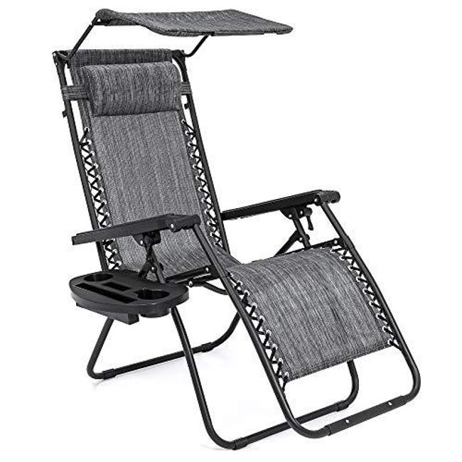 Folding Zero Gravity Outdoor Recliner Patio Lounge Chair w/Adjustable Canopy Shade, Headrest, Side Accessory Tray, Textilene Mesh - Gray