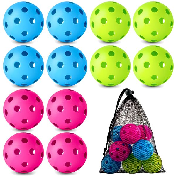 Coopay 12 Pack Baseball Practice Baseballs Plastic Hollow Soft Balls with a Drawstring Bag for Hitting, Baseball Training Indoor Outdoor Use (Green, Blue, Pink)