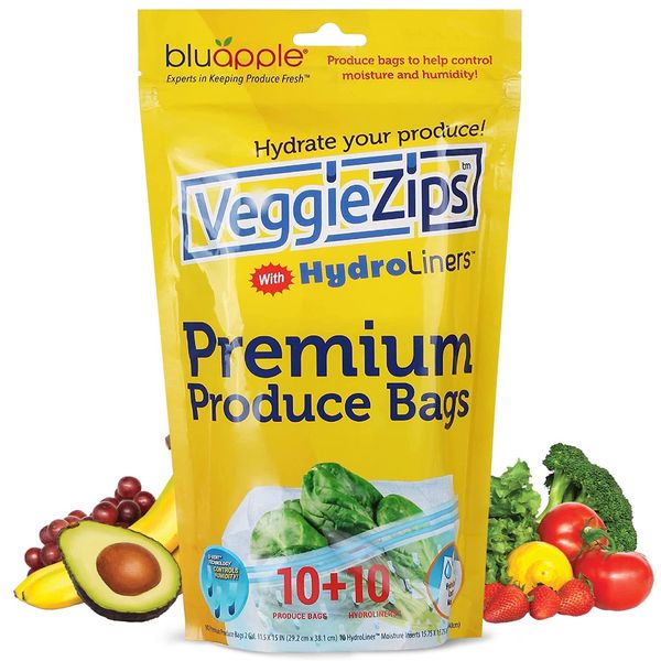 BluApple VeggieZips Premium Produce Storage Bags - 10 Produce Food Saver Bags + 10 HydroLiners to Keep Produce Fresh Longer - Washable & Reusable Bags for Humidity Control for Fruits and Vegetables