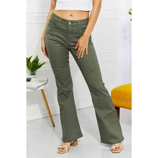 Zenana Clementine Full Size High-Rise Bootcut Jeans in Olive - Matcha Green / S