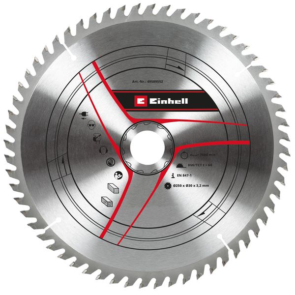 Original Einhell Circular Saw Blade 250 x 30 mm (Saw Accessories, Diameter 250 mm, Attachment 30 mm, 60 Teeth, Cutting Width 3.2 mm, for Pull Mitre Saws and Table Saws)