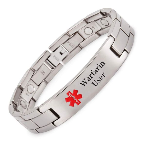 Titanium Medical Alert Bracelet for Men ID Bangle Personalised 22CM/13MM (Warfarin User)