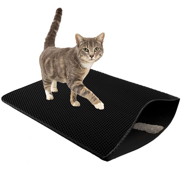 Cat Litter Mat Waterproof Litter Box Mat Dual-Layer Honeycomb 30x24in, Black