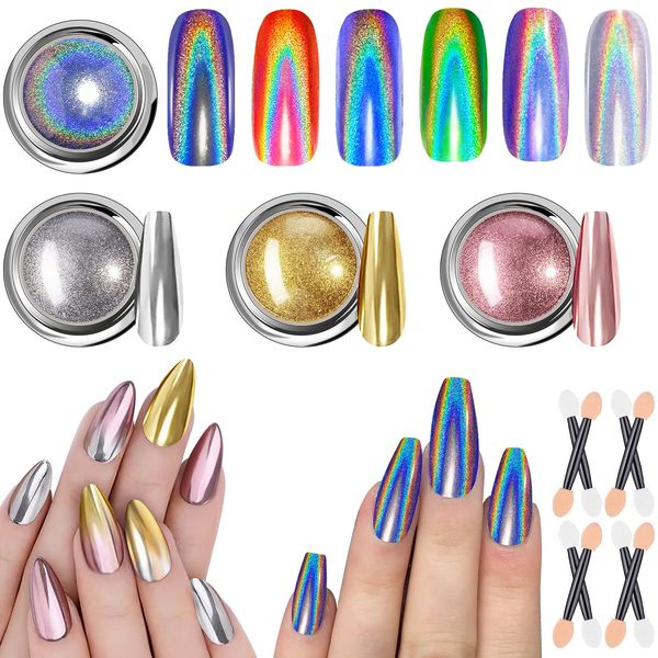 Holographic Chrome Nail Powder Set - Gifts for Women Holo Nail Glitters Chrome Powder for Nails, Silver Metallic Chrome Nail Powder, Rose Gold Mirror Effect Nail Powder