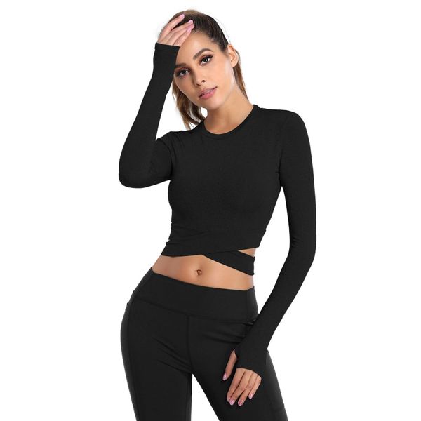 DREAM SLIM Women Long Sleeve Crop Tops Tummy Cross Crewneck Yoga Running Shirts Gym Workout Crop Tops with Thumb Holes (Black Long, S)