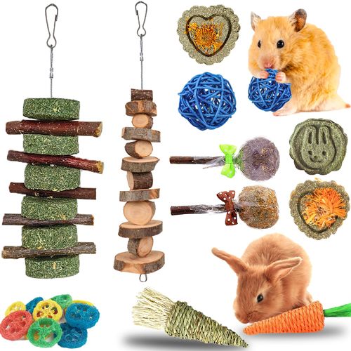RUNANIA 20 Pcs Rabbit Chew Toys for Teeth, Natural Wood Sticks Timothy Grass Chew Bunny Treat Toys for Rabbit Guinea Pig Hamster Chinchilla Gerbil