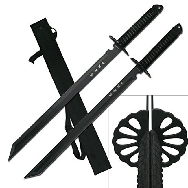 27 2pc Black Ninja Sword Set Full Tang Machete Tactical Katana w/ BACK  SHEATH