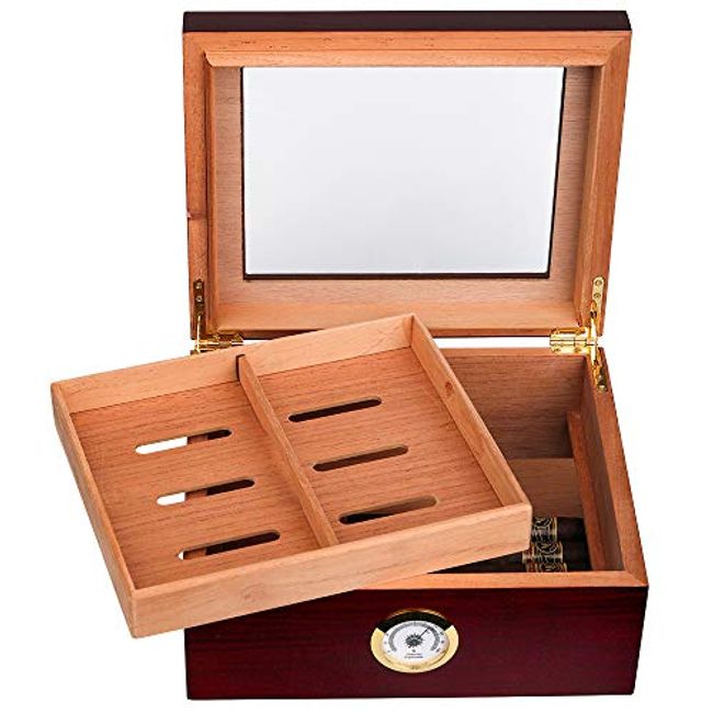 Mensie Glass Top Cedar Humidor with Front Hygrometer, Humidifier, Divider, and Accessory Drawer, Desktop Cedar Wood Cigar Box Holds 25-50 Cigars, Ciga