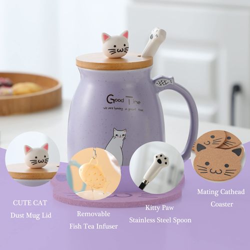 Cat Mug Cute Ceramic Coffee Cup with Lovely Kitty lid Stainless Steel Spoon,Novelty Morning Cup Tea Milk Cat Coffee Mug Coffee Gifts Christmas Birthday Gifts For Women Gifts Purple Cat Lovers Presents