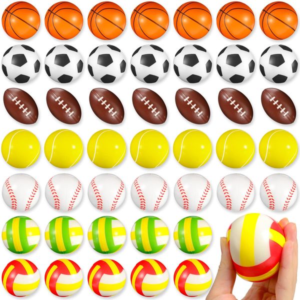 48 Pcs Sports Stress Balls 2.5 Inch Mini Foam Stress Balls Party Favor Pool Beach Toys for Kids Include Basketball, Football, Baseball, Soccer, Tennis, Volleyball for Stress Relief, Ball Games, Reward