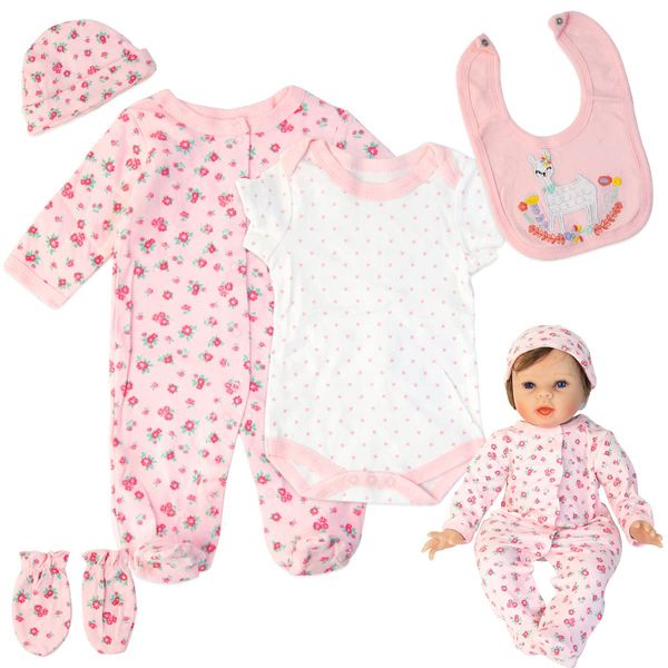 22 inch Reborn Baby Doll Clothes Pink Printed Outfits 5Pieces Set Fit for 20''-22'' Reborn Dolls Baby Girl Matching Clothes