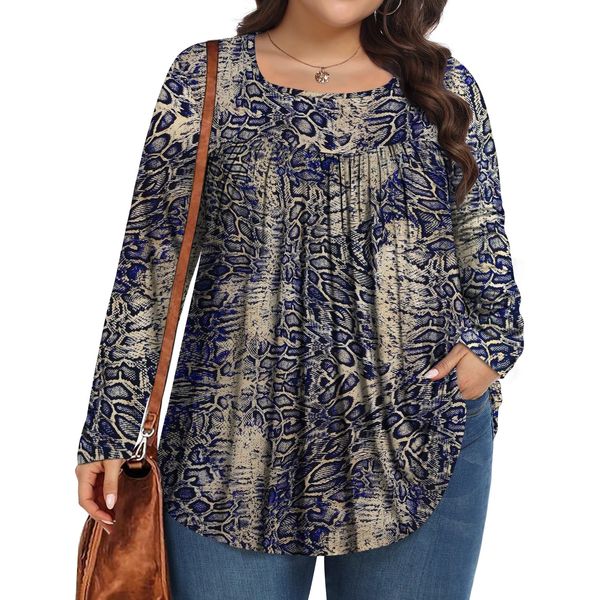 PEVRL Womens Plus Size Tops Long Sleeve Shirts 2024 Fall Tunic Blouses Blue Snake Skin 3X