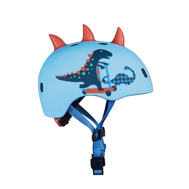 Micro Mobility - Casque Enfant Dinosaure 3D - Coque 100% intégrée + lumière - Confort et sécurité - pour Trottinette, vélo, Rollers, Skate - Réglage Facile - Attache magnétique Anti-Larmes - Taille S