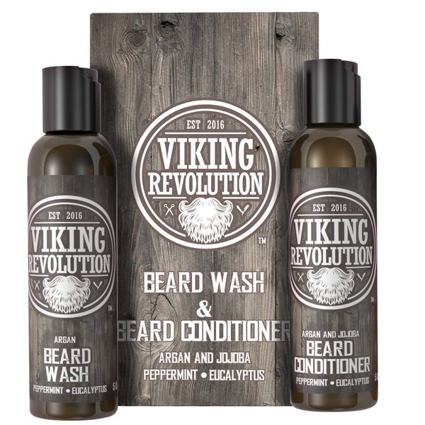 Viking Revolution Eucalyptus Beard Wash For Men & Beard Conditioner For Men With Argan & Jojoba Oils - Softens & Strengthens - Natural Beard Shampoo And Conditioner Set With Beard Oil (5oz/142g)