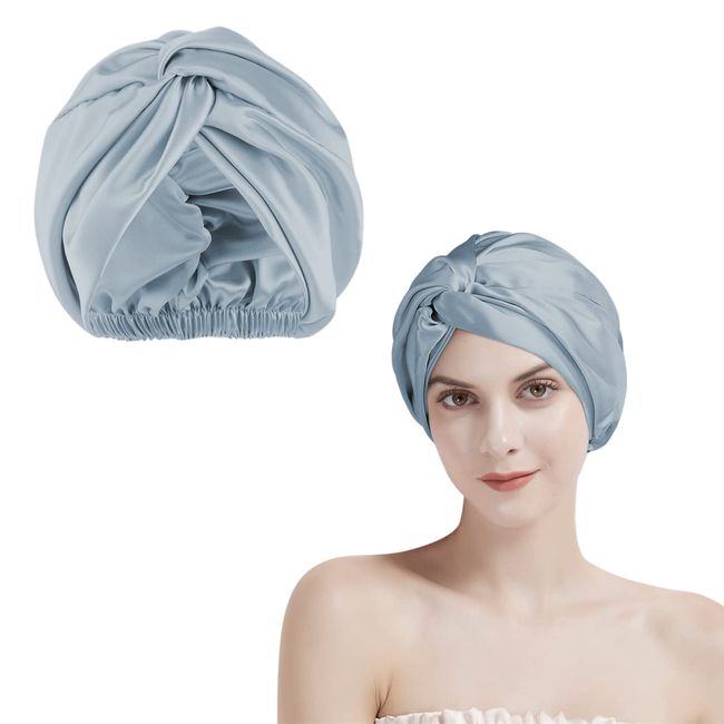 Simfree Sleep Cap,Satin Bonnet,Satin Bonnets for Sleeping,Double-Layer Sleep Bonnet for Women,Silk Satin Bonnet Hair Bonnet with Knot Design,Adjustable Sleep Cap for Short & Long Hair (Silver+Grey)