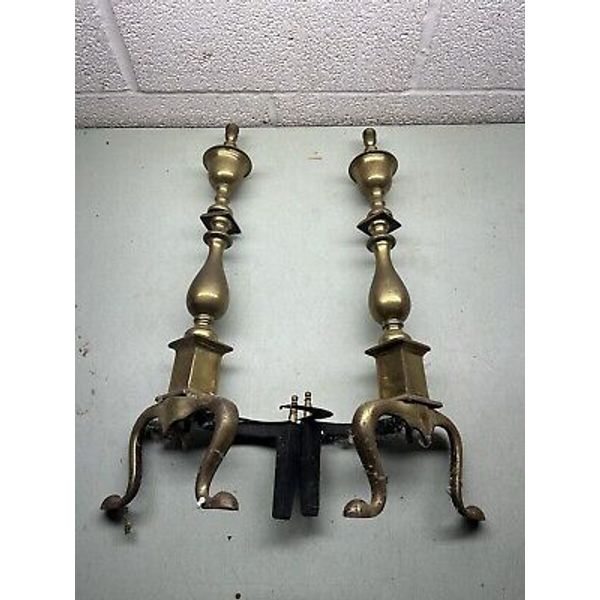 Vintage Pair of Brass Fireplace Andirons 17.5" tall Claw Feet Fire Wood Holder