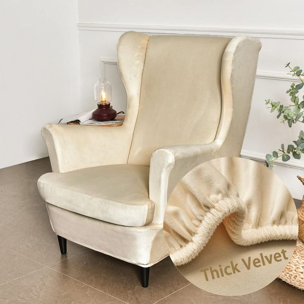 Highdi Wingback Chair Covers 2 Piece Stretch Wing Chair Slipcover, Fashion Solid color Velvet Strandmon Sofa Cover Furniture Protector for Armchair Chairs Living Room Bedroom Hotel (Beige)