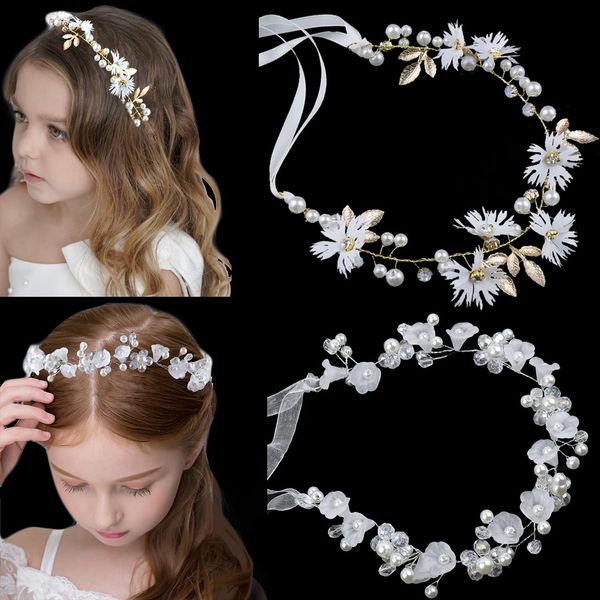 LAPOHI 2 Pieces Wedding Flower Headpieces for Girls, Flower Girl Hair Accessories for Wedding Rhinestones Flower Headband Fairy Pearl Flower Crown for Girls Bridal Crystal Flower Tiara for Women