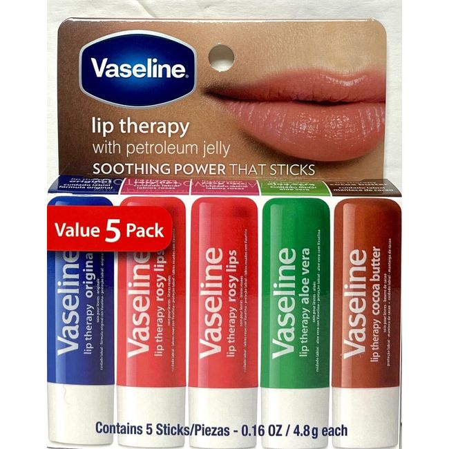 Vaseline Lip Therapy Balm 5 PC Combo Set (Original, Aloe Vera,Cocoa Butter,Rosy)