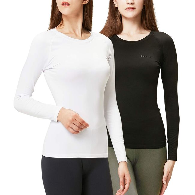 DEVOPS Women's 2 Pack Thermal Long Sleeve Shirts Compression Baselayer Tops (Small, Black/White)