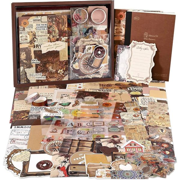 Irayin Vintage Scrapbook Zubehör Set, 136 Stück Bullet Journal Zubehör Set mit A6 Raster Notizbuch, Scrapbook Stickers, Reisebuch Geschenkset, DIY Geschenk fürMädchen Damen (Coco)