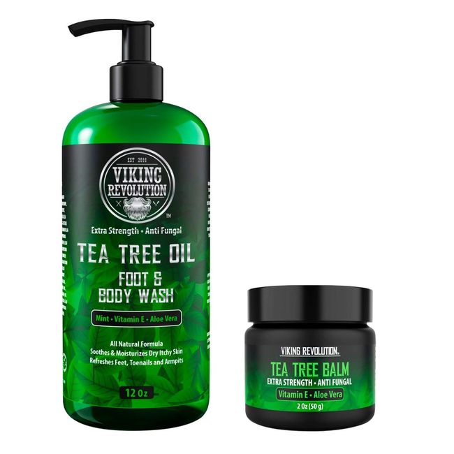 Viking Revolution Skin Cleaning Agent Tea Tree Kit for Men - Tea Tree Oil Set with Body Wash & Balm - Hydrating, Helps Athlete's Foot, Jock Itch, Eczema & Body Odors - Extra Strength, 2 Piece Set