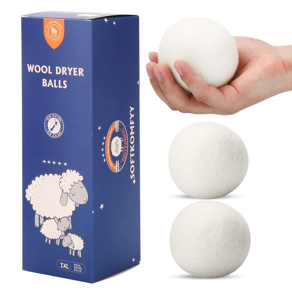 Wool Dryer Balls Handmade 3 Pack XL,Organic Laundry Dryer Balls,100% New Zealand Wool Natural Fabric Softener,Reusable 1000 Loads,Wrinkles Free, Shorten Drying Time,Baby Safe (3 Pack,White)