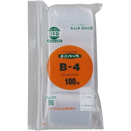 Unipack B-4 Plastic Bags with Zipper, 2.4 x 3.3 inches (60 x 85 mm), 100 Sheets