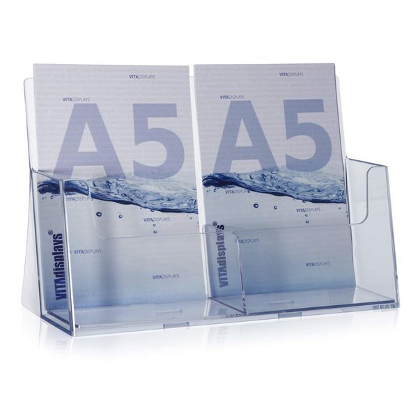 VITAdisplays® DIN A5 Prospekthalter mit 2 Fächern (Extra Fülltiefe), Transparent (GP-232A5)
