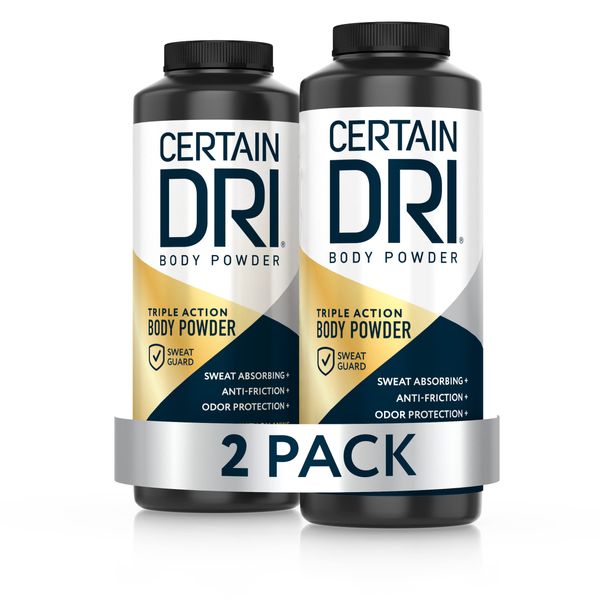 Certain Dri Body Powder for Men & Women, Maximum Sweat Absorption, Moisture & Odor Control, Itch-Free Foot and Body Powder, Talc-Free Formula, Gentle on Sensitive Skin, Calamine Scent, 8 oz, 2 Pack