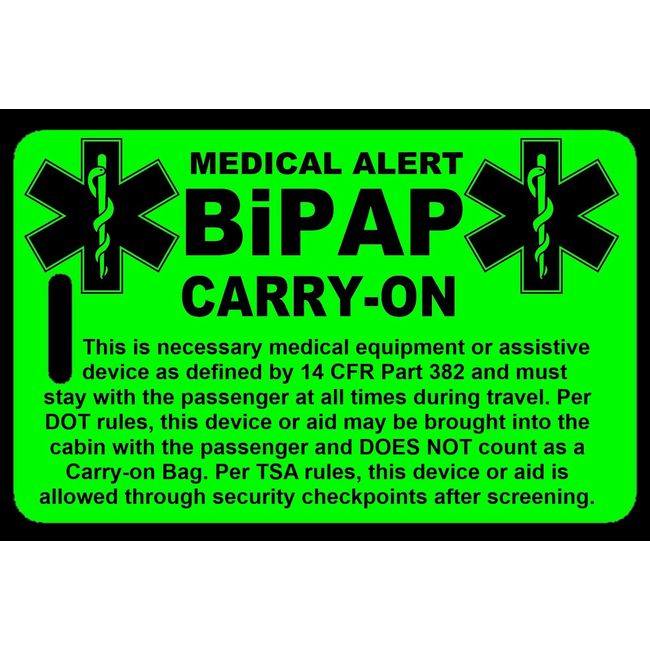 Hi-Viz Green Carry-On BiPAP  Bag Tag - TSA - Sleep Apnea