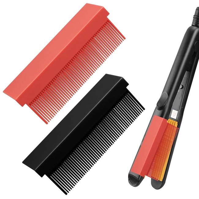 2Pcs Grip Comb for Flat Iron, Straightening Comb Flat Iron Comb Attachment Clip on Grip Comb Attachment for Flat Iron, Hair Straightener Comb Barber Hair Combs for Women, Barber Accessories(Black Red)