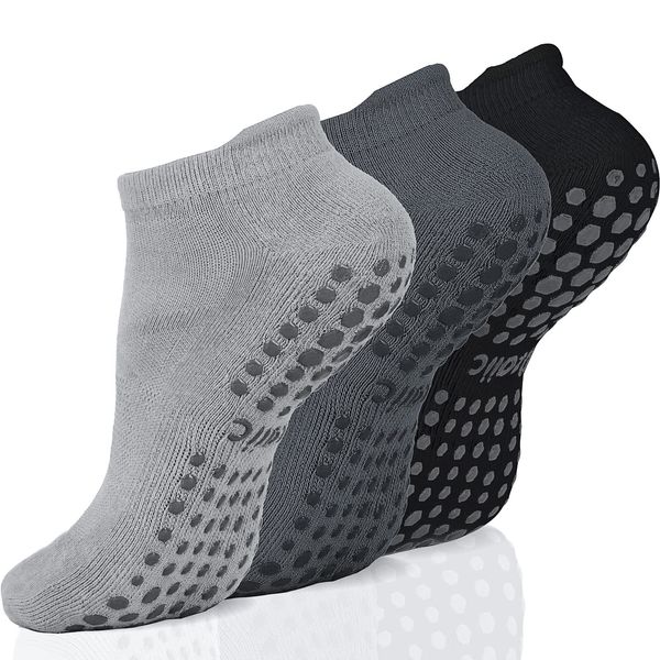 Ozaiic Yoga socks for men and women, stopper socks, non-slip socks, barefoot, non-slip, pilates, hospital, home, socks with nubs, 3 pairs - dark grey/light grey/black, 43 - 46
