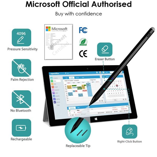 Stylus Pen for Microsoft Surface 2-in-1 [Magnetic] [Rechargeable] Pressure Sensitivity & Palm Rejection for Surface Pro X/10/9/8/7/6/5/4/3, Surface Book 3/2/1, Surface Go 4/3/2/1, Surface Laptop 4/3/2