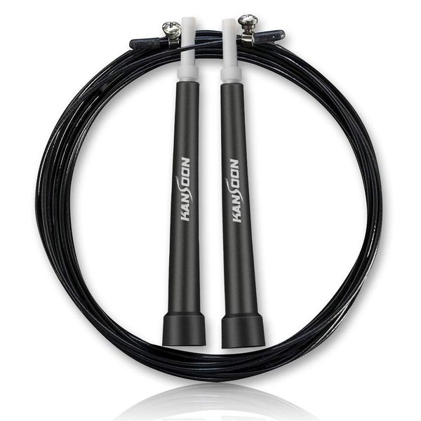 KANSOON Speed Jump Rope with Advanced Ball Bearing System, Aluminum Handles, 10’ Adjustable Wire Cable, for Boxing Cardio HIIT Workouts and Home Gym Fitness Exercise (steel, black)